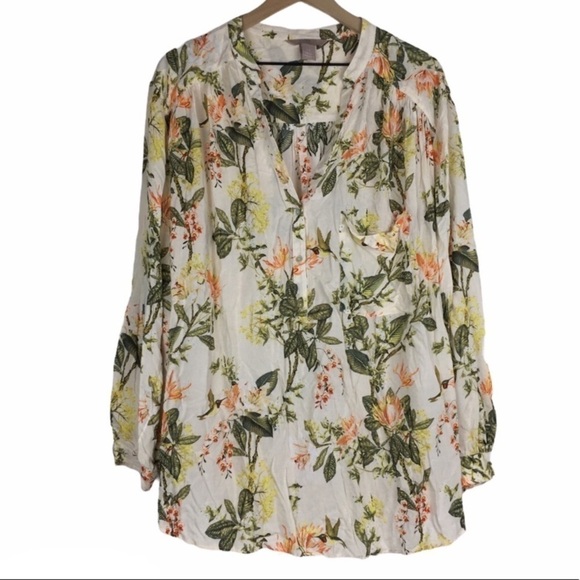H&M Top Popover Blouse Tunic Hummingbirds Floral Tropical Leaves Lightweight 24 - Picture 7 of 7